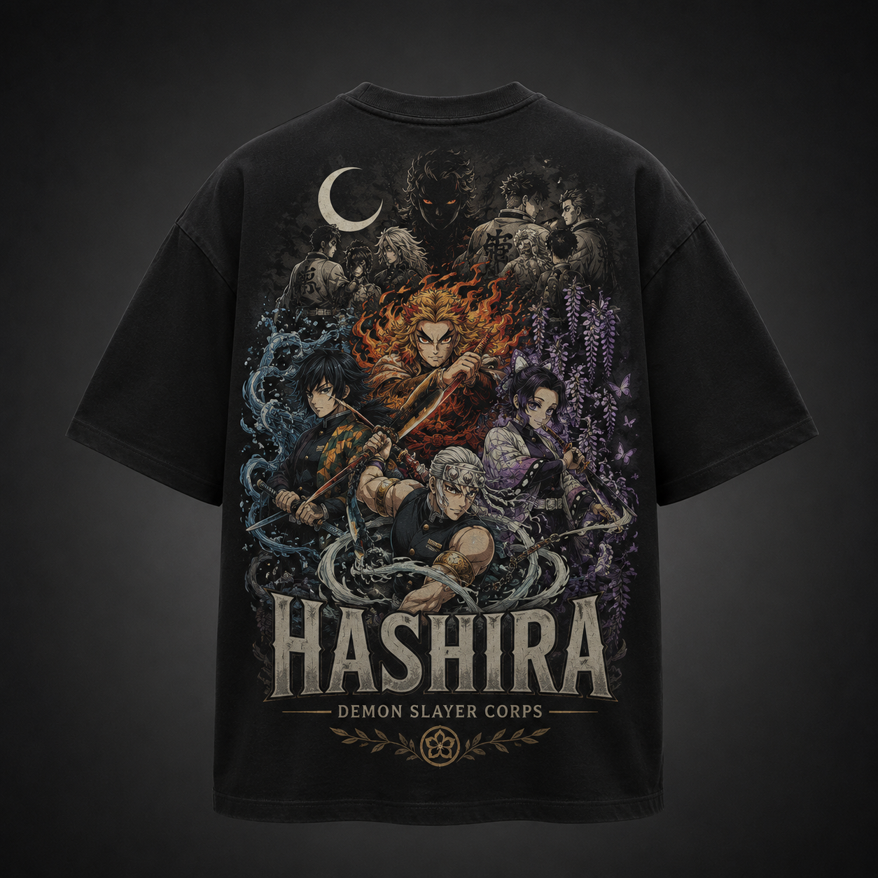 Black t-shirt with Giyu Tomioka, Tengen Uzui, Kyojuro Rengoku, Shinobu Kocho Demon Slayer Hashira Corps graphic – photo 1