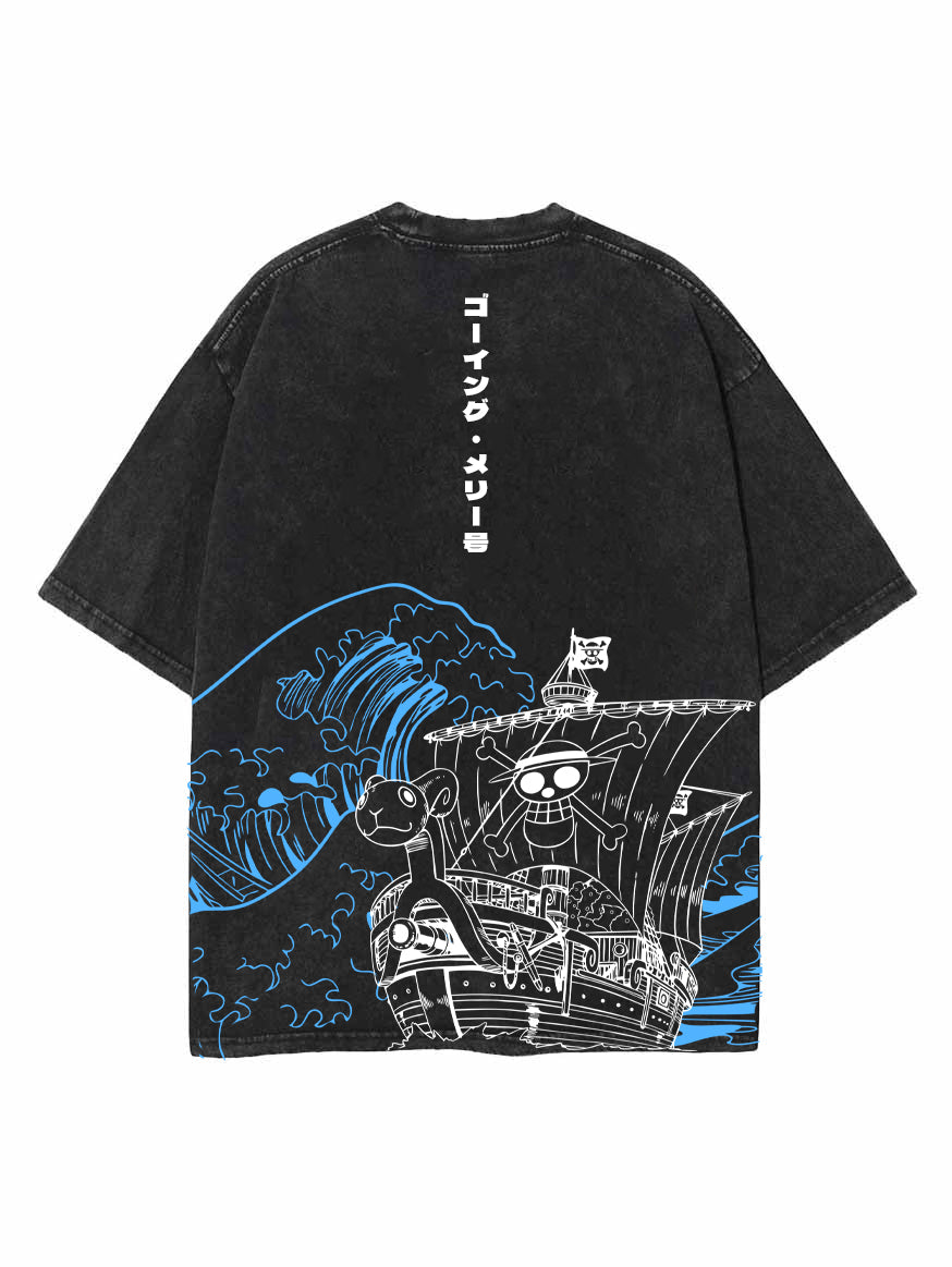 Washed black t-shirt with Going Merry One Piece Laughing Sail graphic – photo 1