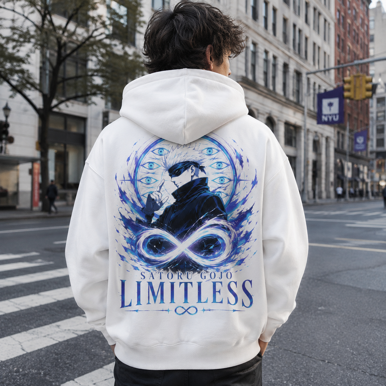 White hoodie with Gojo Satoru Jujutsu Kaisen Limitless Infinity graphic – photo 3