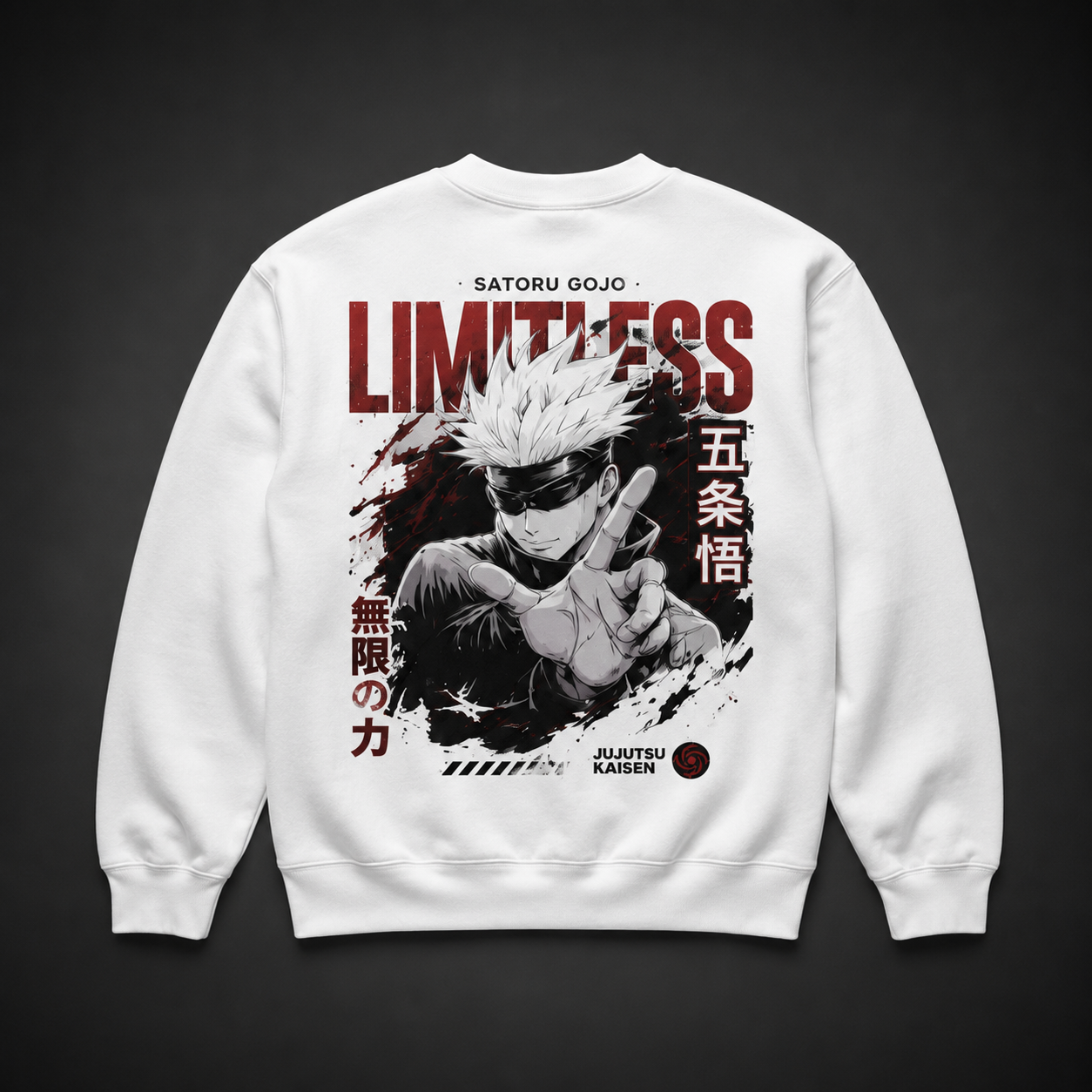White sweatshirt with Gojo Satoru Jujutsu Kaisen Limitless Power graphic – photo 1