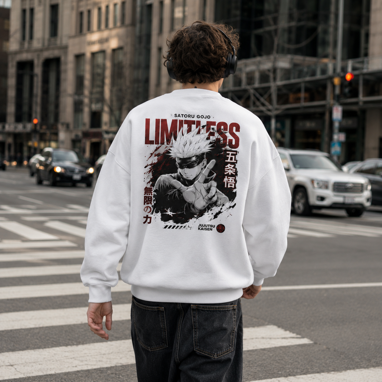 White sweatshirt with Gojo Satoru Jujutsu Kaisen Limitless Power graphic – photo 3