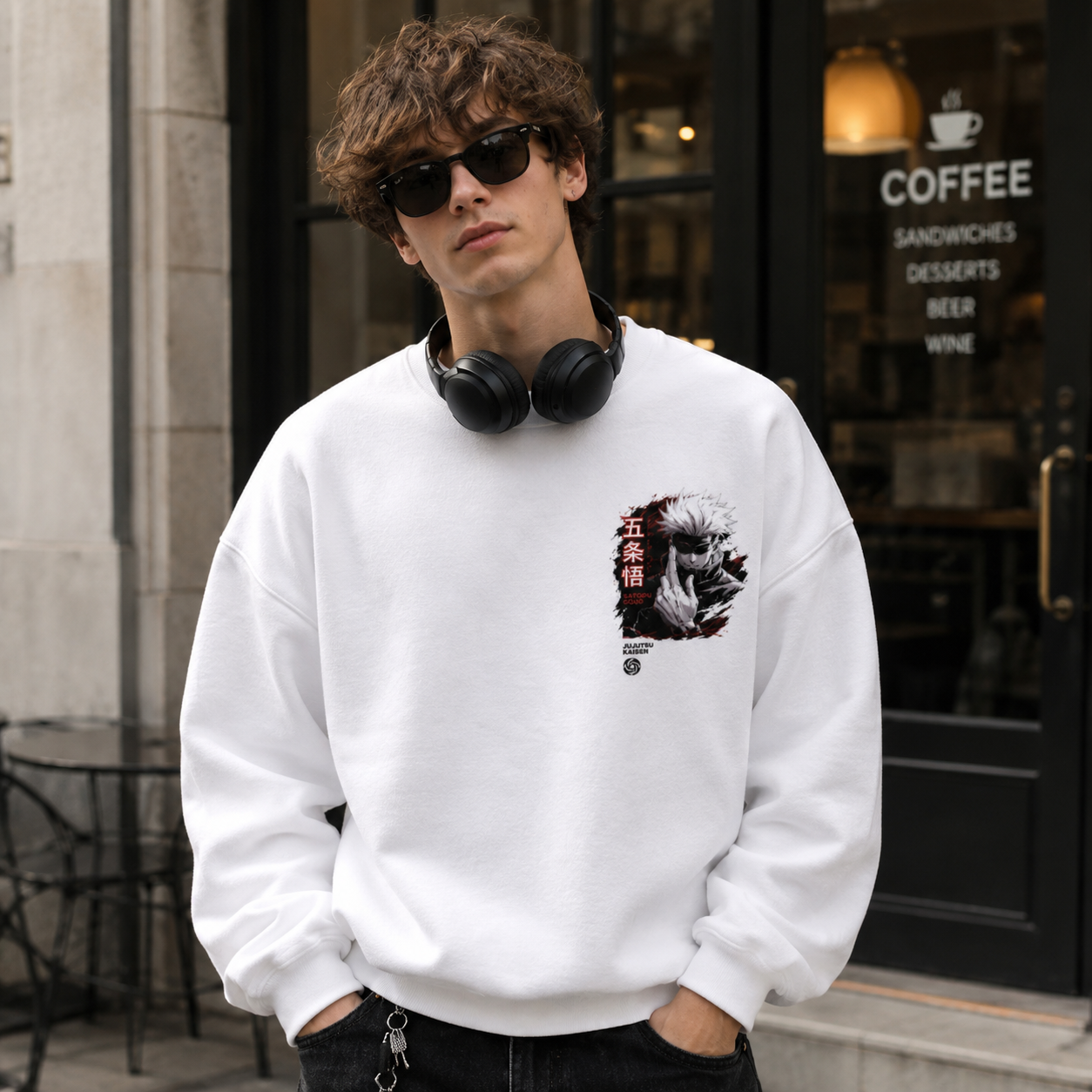 White sweatshirt with Gojo Satoru Jujutsu Kaisen Limitless Power graphic – photo 4