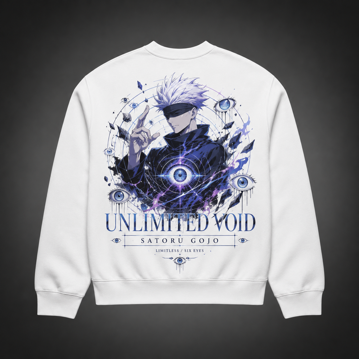 White sweatshirt with Gojo Satoru Jujutsu Kaisen Unlimited Void graphic – photo 1