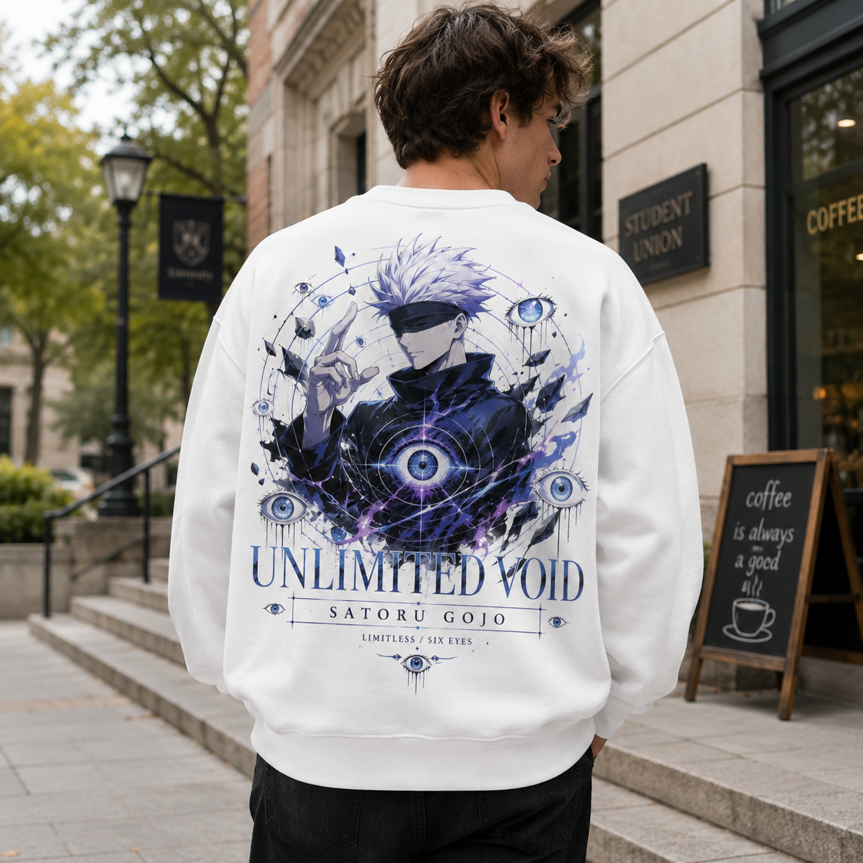 White sweatshirt with Gojo Satoru Jujutsu Kaisen Unlimited Void graphic – photo 3
