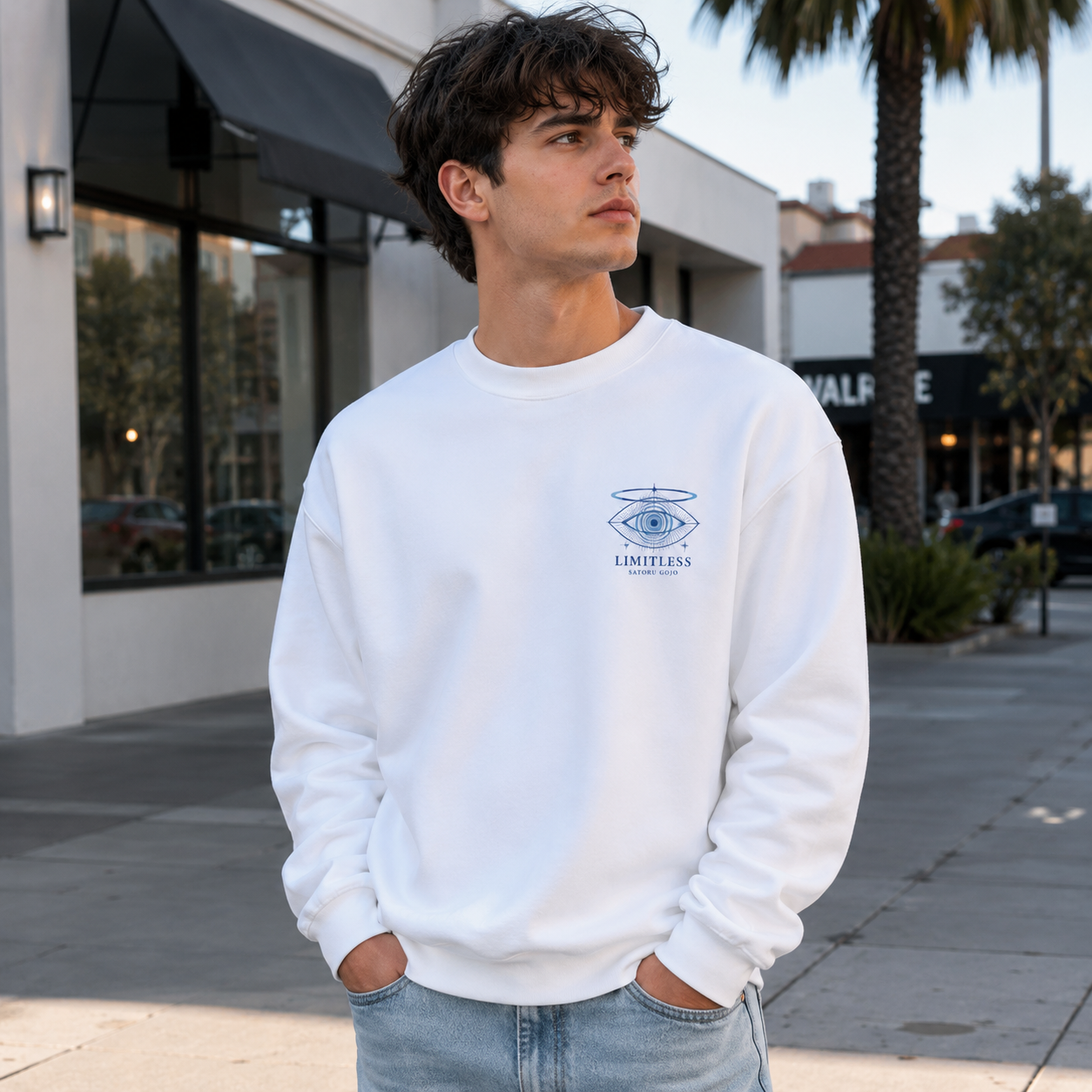 White sweatshirt with Gojo Satoru Jujutsu Kaisen Unlimited Void graphic – photo 4