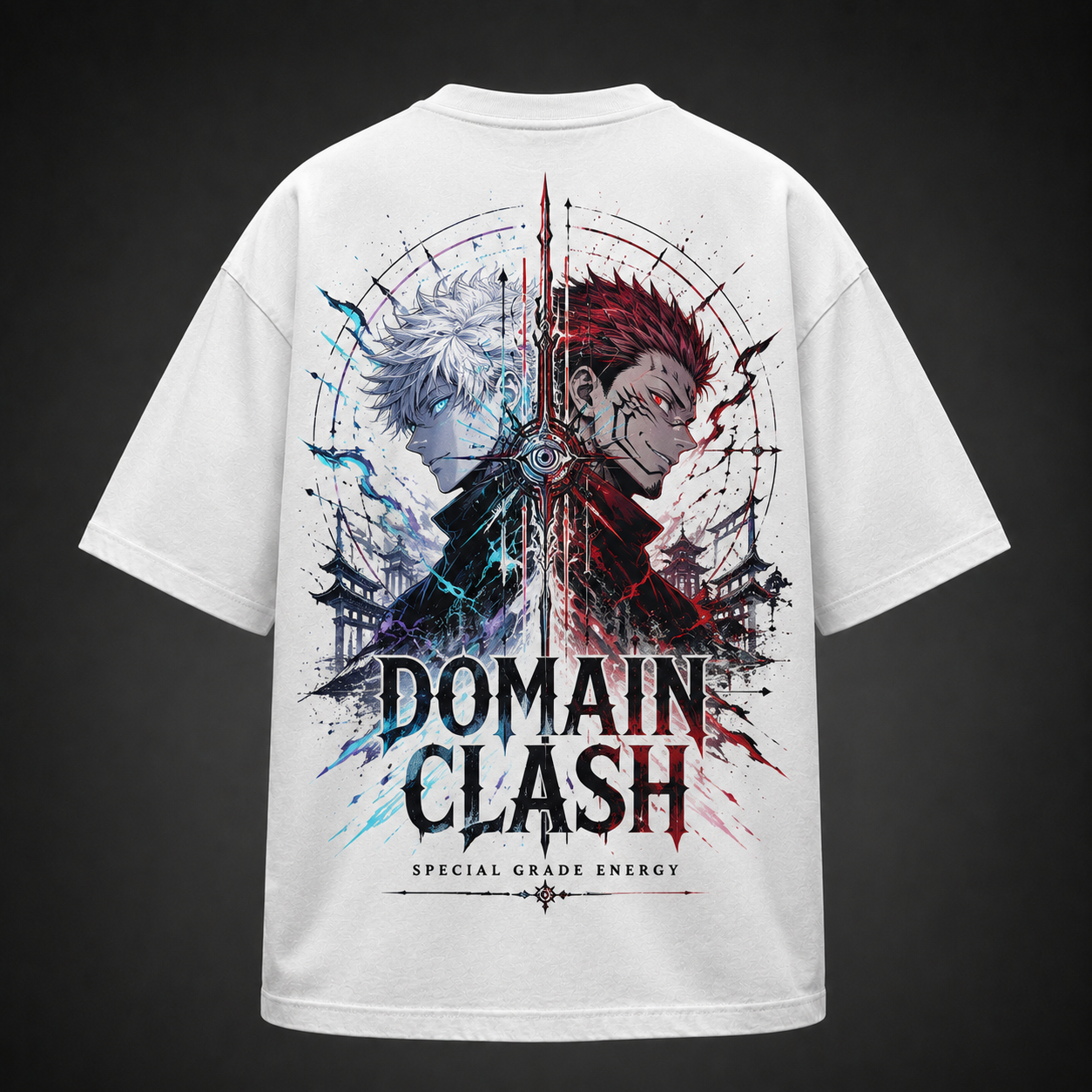 White t-shirt with Gojo Satoru & Sukuna Jujutsu Kaisen Domain Clash graphic – photo 1