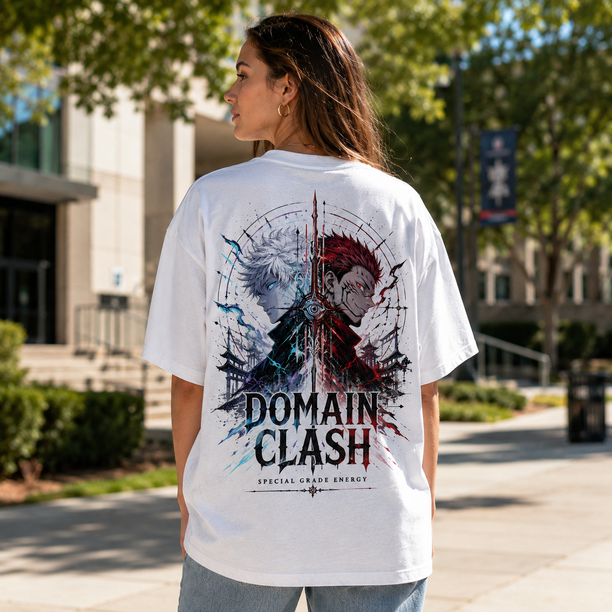 White t-shirt with Gojo Satoru & Sukuna Jujutsu Kaisen Domain Clash graphic – photo 3