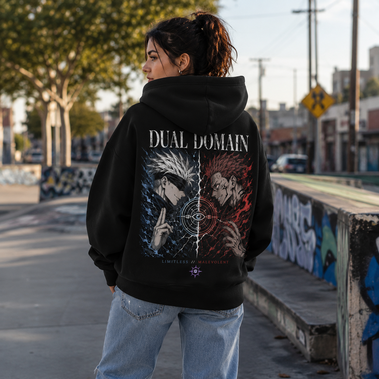 Black hoodie with Gojo Satoru & Sukuna Jujutsu Kaisen Dual Domain graphic – photo 3