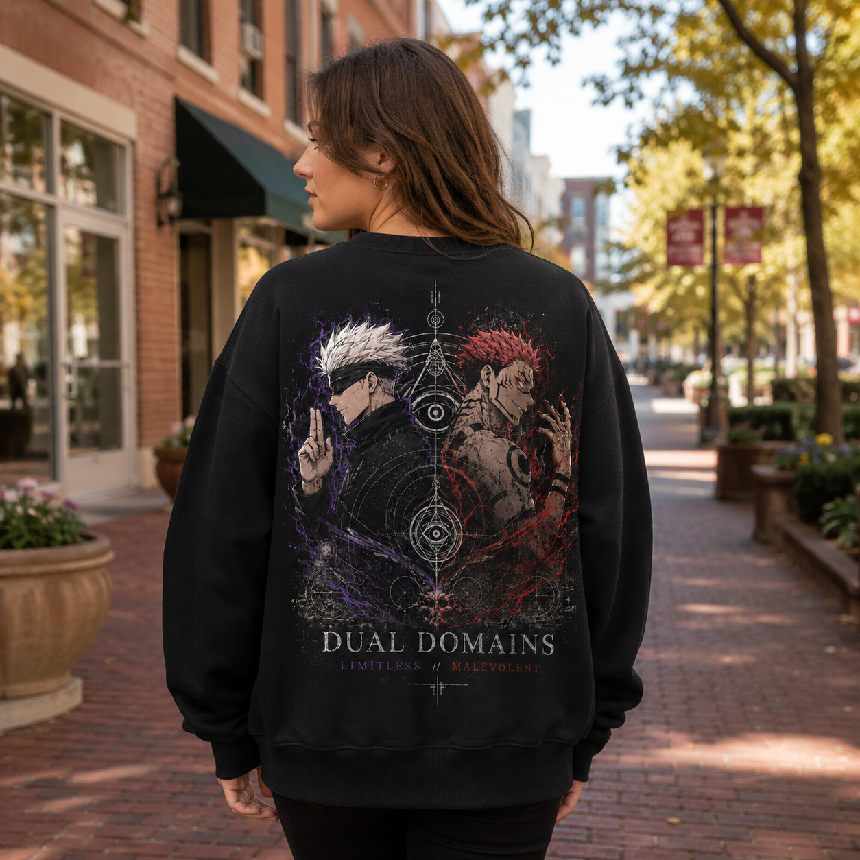 Black sweatshirt with Gojo Satoru & Sukuna Jujutsu Kaisen Dual Domains graphic – photo 3