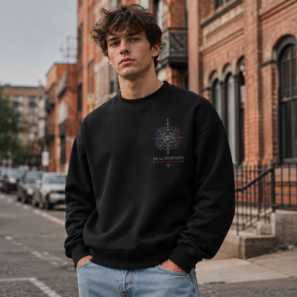 Black sweatshirt with Gojo Satoru & Sukuna Jujutsu Kaisen Dual Domains graphic – photo 4