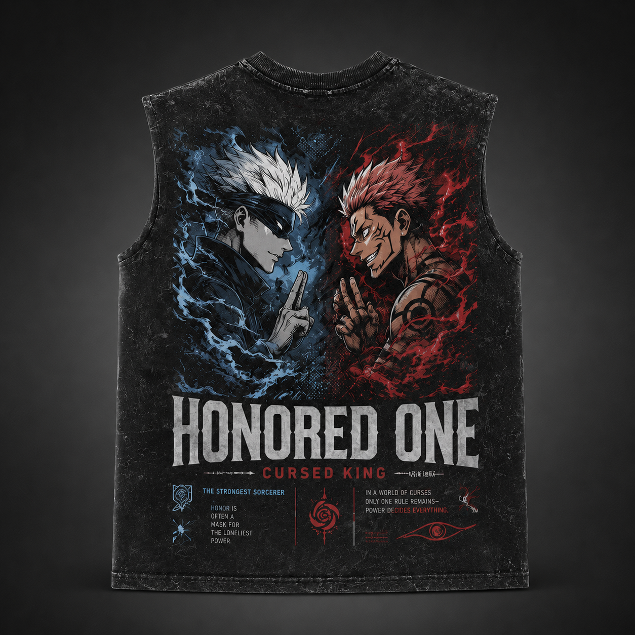 Washed black tank top with Gojo Satoru & Sukuna Jujutsu Kaisen Honored One graphic – photo 1