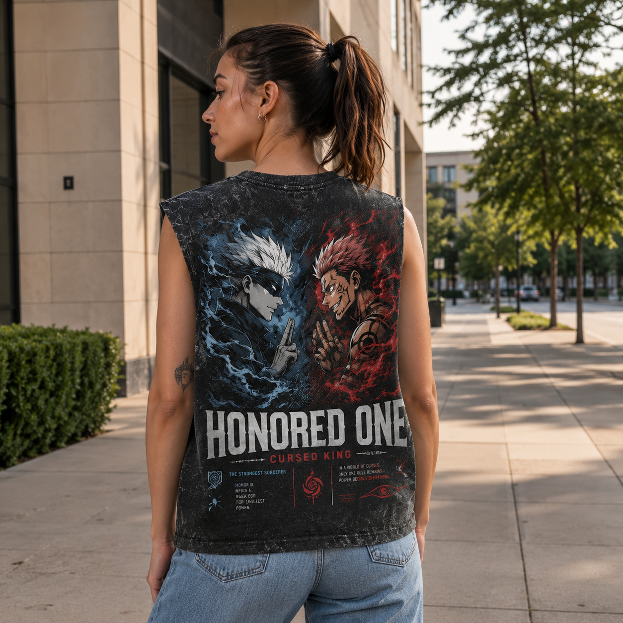 Washed black tank top with Gojo Satoru & Sukuna Jujutsu Kaisen Honored One graphic – photo 3