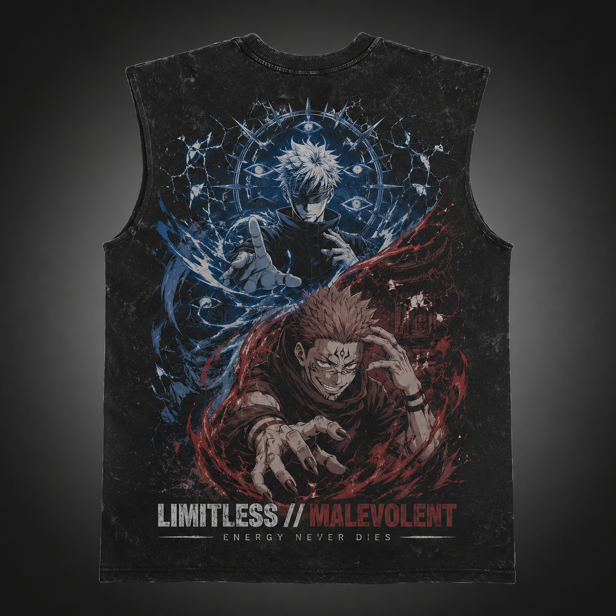 Washed black tank top with Gojo Satoru & Sukuna Jujutsu Kaisen Limitless Malevolent graphic – photo 1