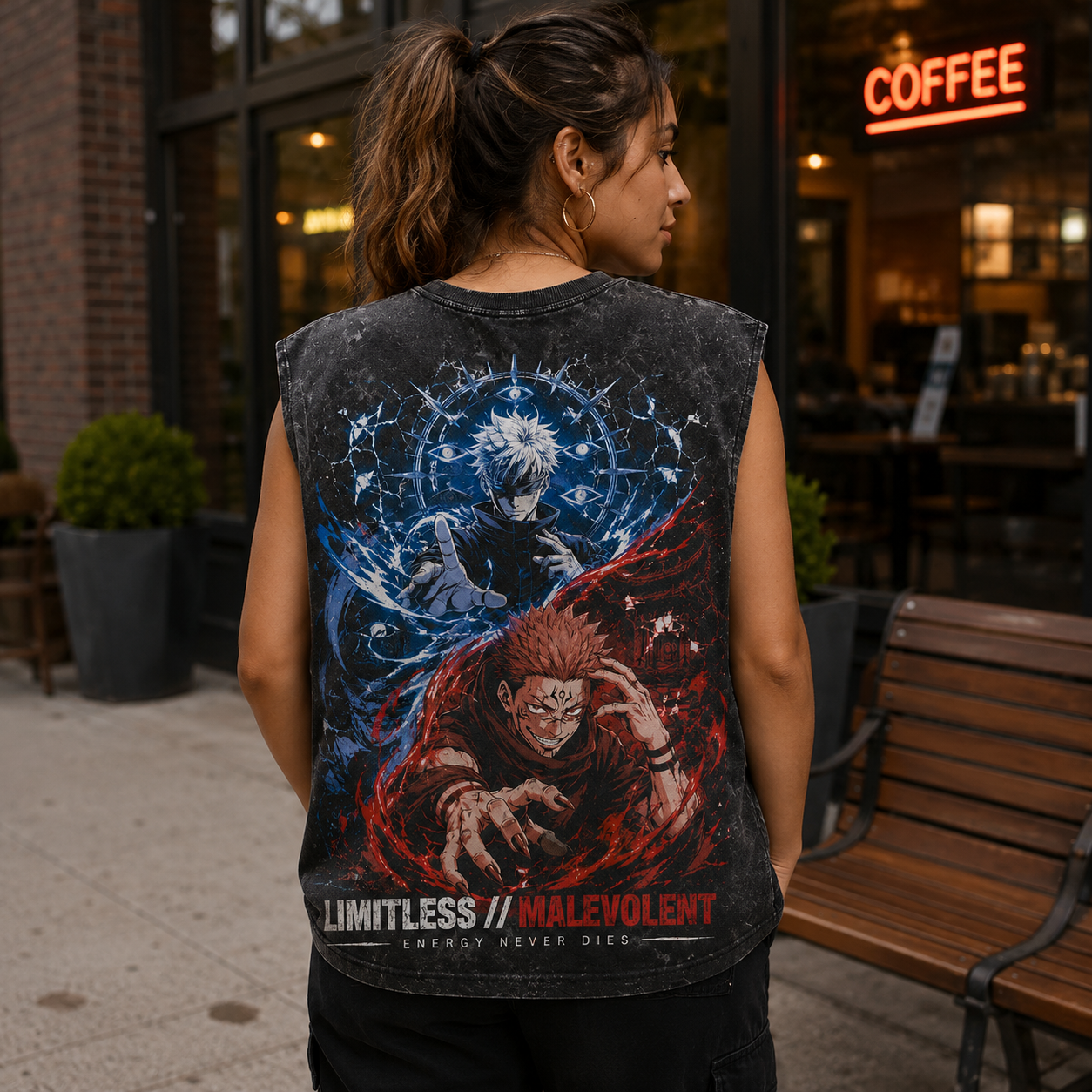 Washed black tank top with Gojo Satoru & Sukuna Jujutsu Kaisen Limitless Malevolent graphic – photo 3