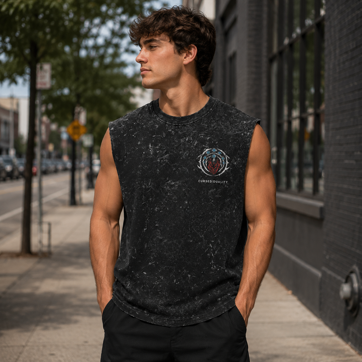 Washed black tank top with Gojo Satoru & Sukuna Jujutsu Kaisen Limitless Malevolent graphic – photo 4