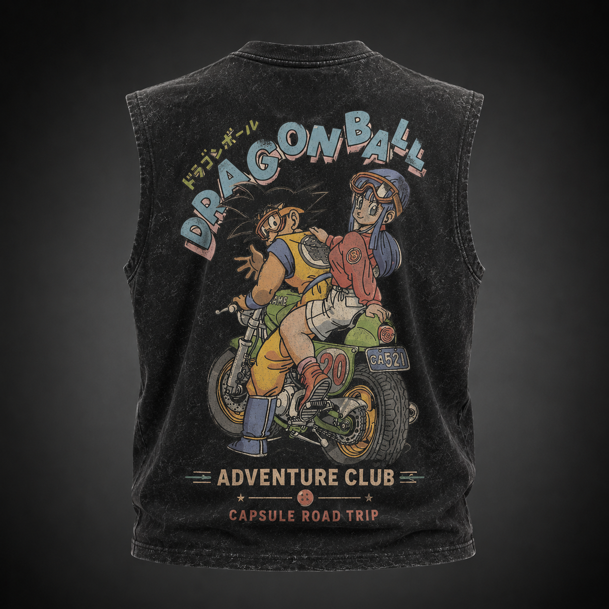 Washed black tank top with Goku & Bulma Dragon Ball Capsule Road Trip graphic – photo 1