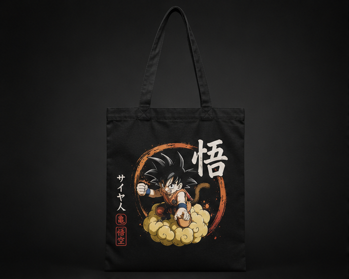 Black tote bag with Goku Dragon Ball Flying Nimbus Ride graphic – photo 1