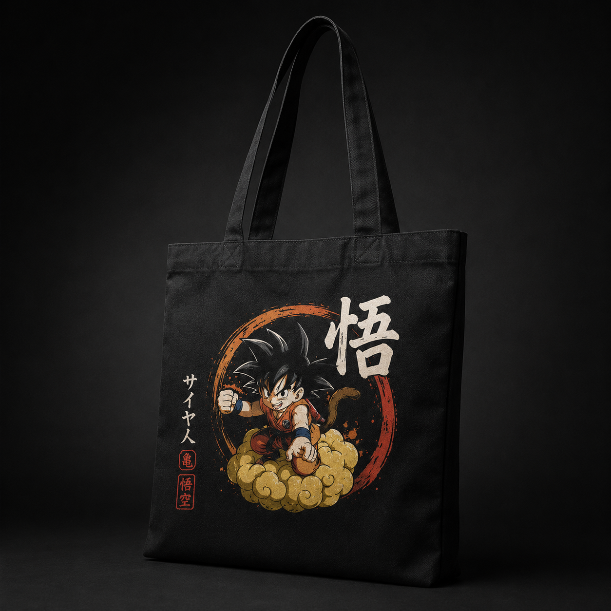 Black tote bag with Goku Dragon Ball Flying Nimbus Ride graphic – photo 4