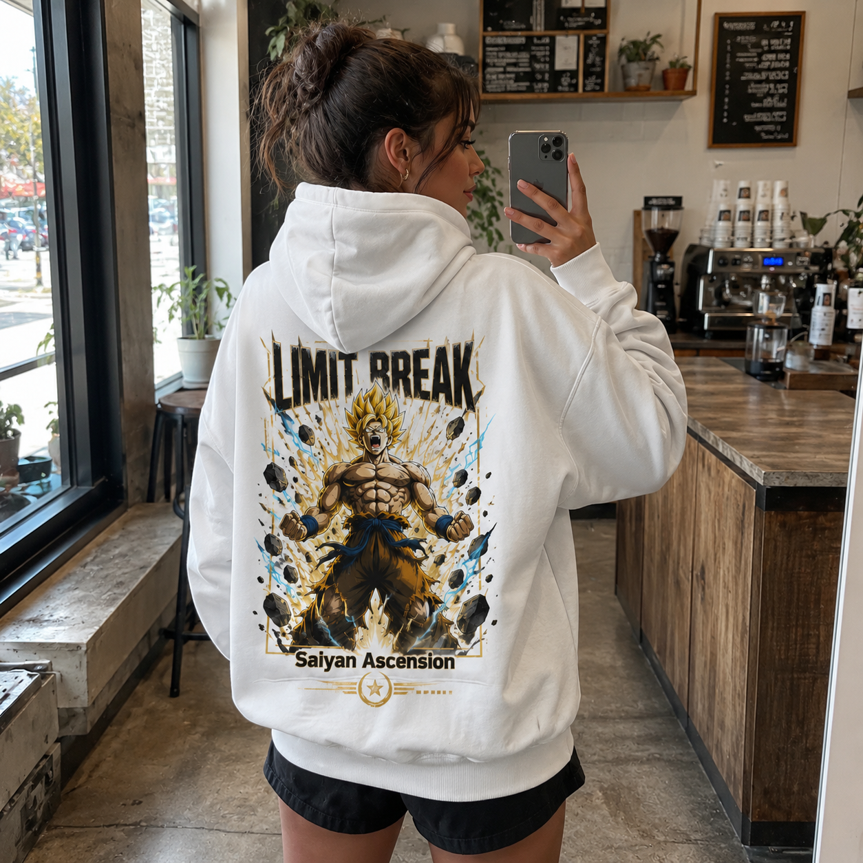 White hoodie with Goku Dragon Ball Saiyan Ascension graphic – photo 3