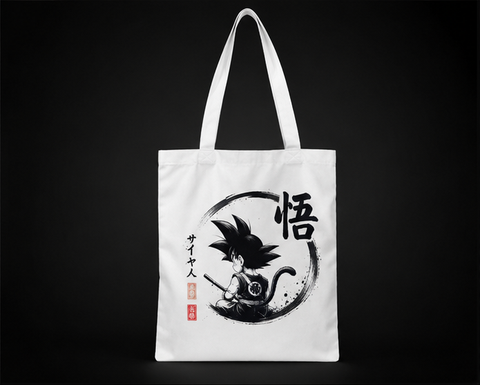White tote bag with Goku Dragon Ball Saiyan Ink Circle graphic – photo 1