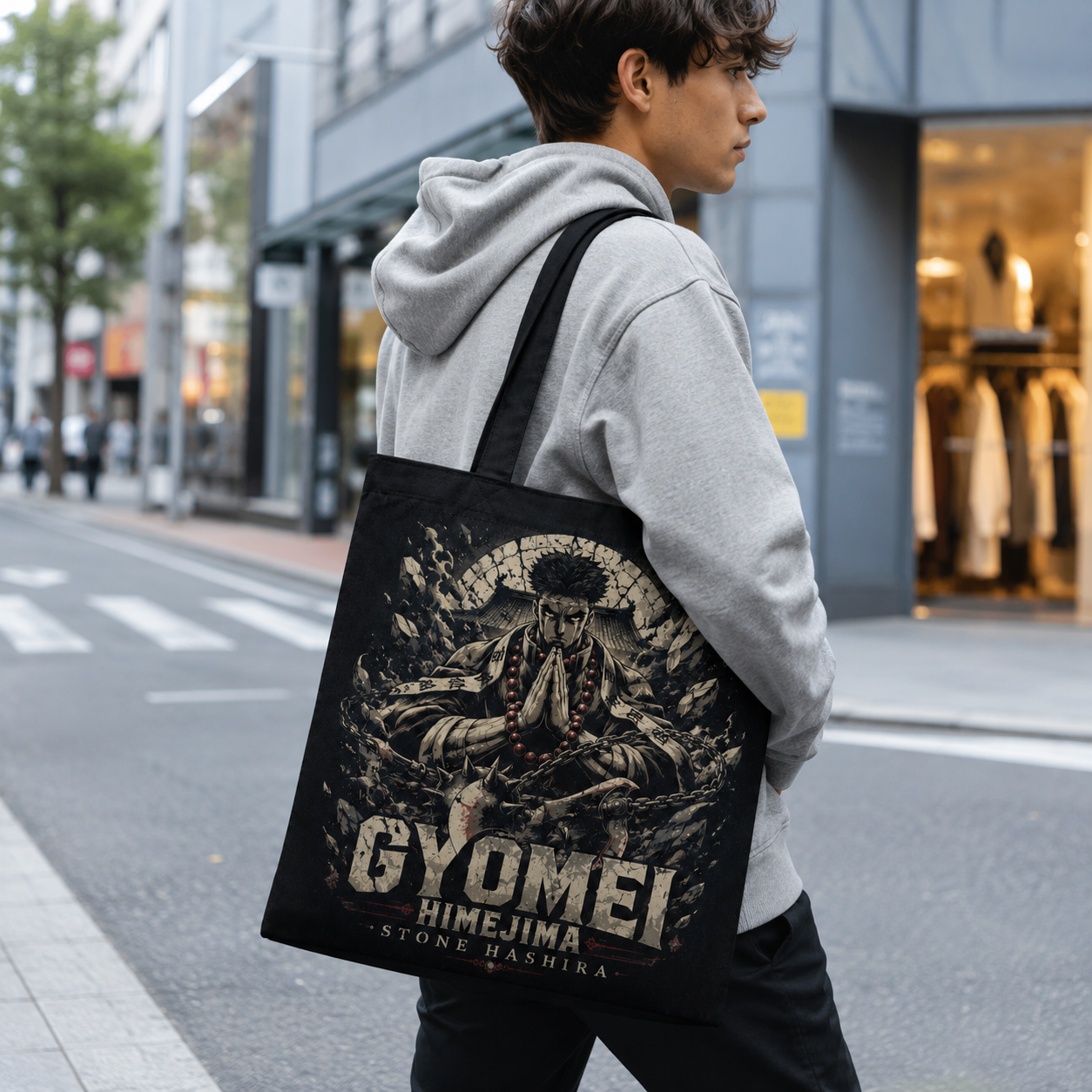 Black tote bag with Gyomei Himejima Demon Slayer Stone Hashira Prayer graphic – photo 3