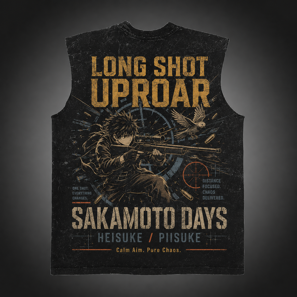 Washed black tank top with Heisuke Mashimo Sakamoto Days Long Shot Uproar graphic – photo 1