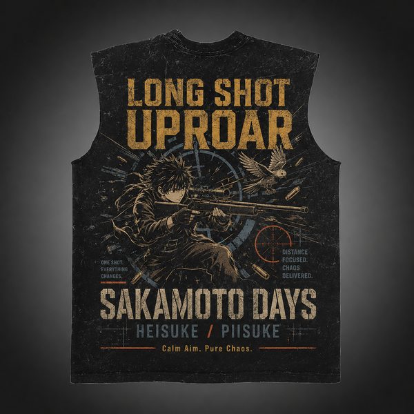 Washed black tank top with Heisuke Mashimo Sakamoto Days Long Shot Uproar graphic – photo 1