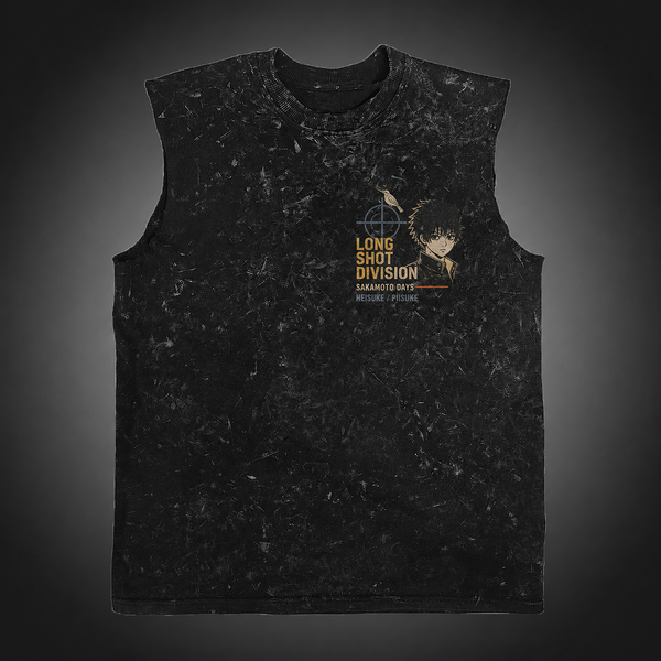 Washed black tank top with Heisuke Mashimo Sakamoto Days Long Shot Uproar graphic – photo 2