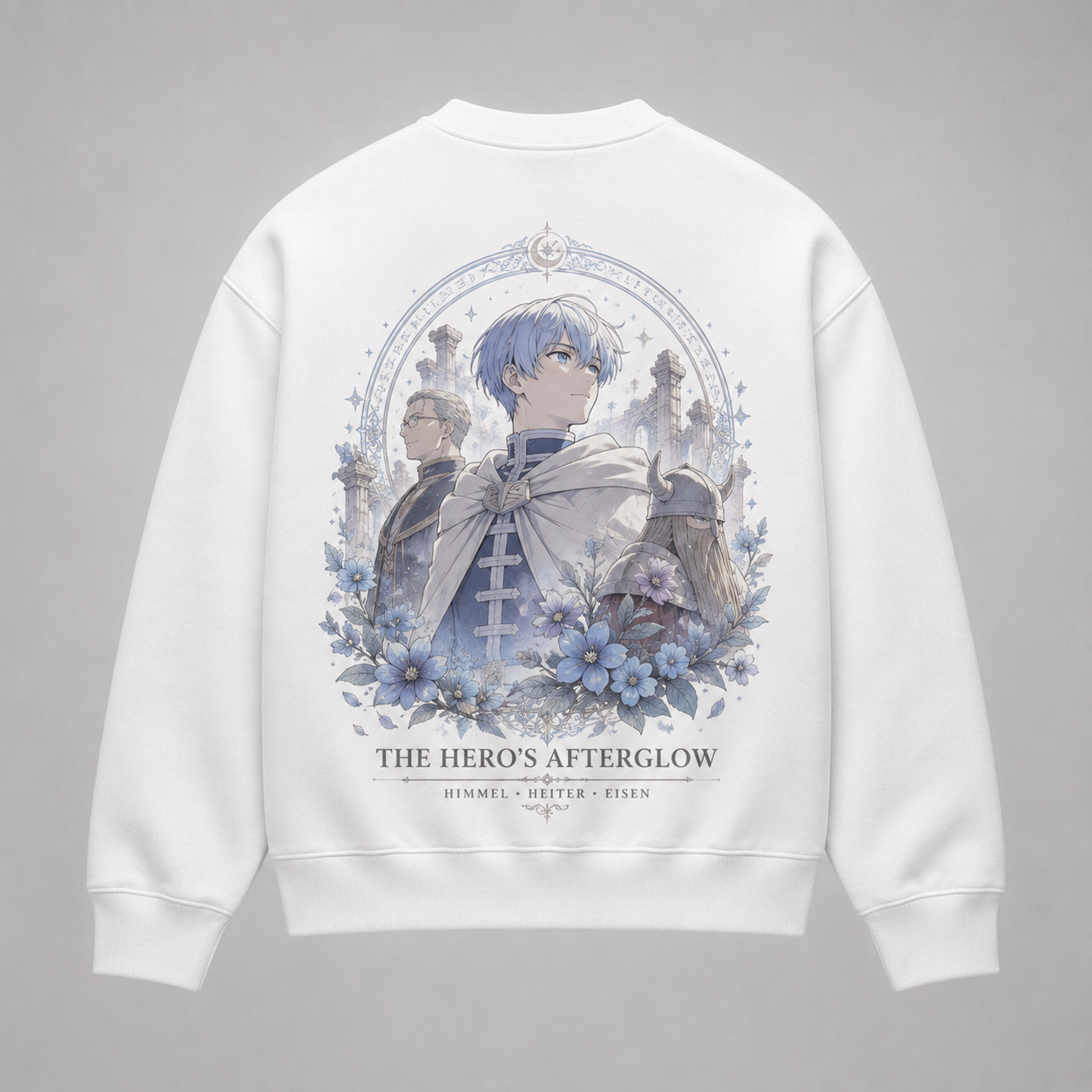 White sweatshirt with Himmel, Heiter, Eisen Frieren Hero's Afterglow graphic – photo 1