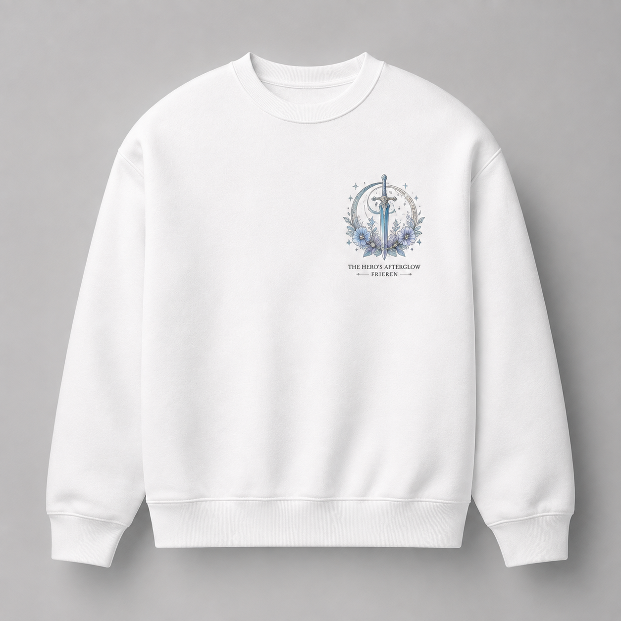 White sweatshirt with Himmel, Heiter, Eisen Frieren Hero's Afterglow graphic – photo 2