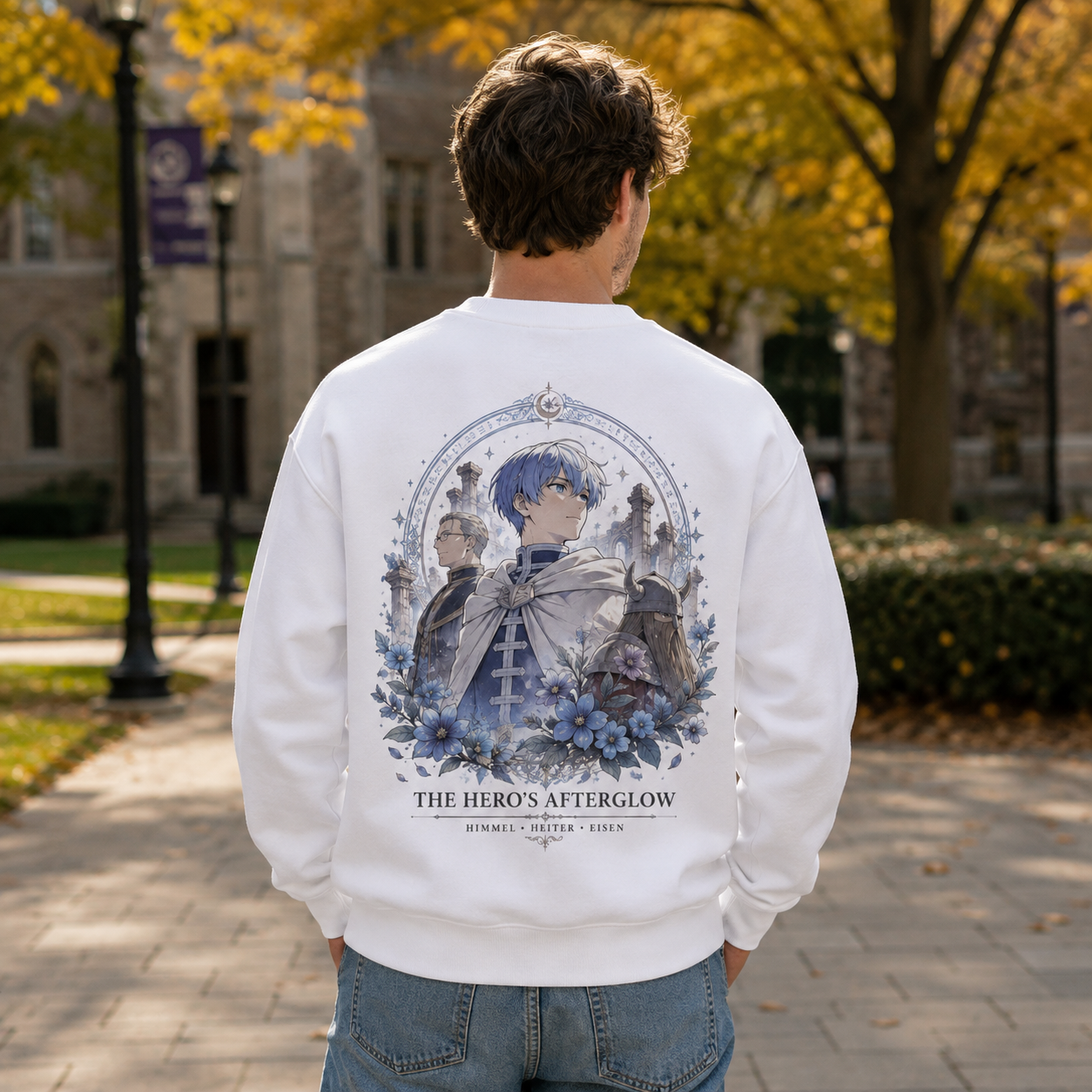 White sweatshirt with Himmel, Heiter, Eisen Frieren Hero's Afterglow graphic – photo 3