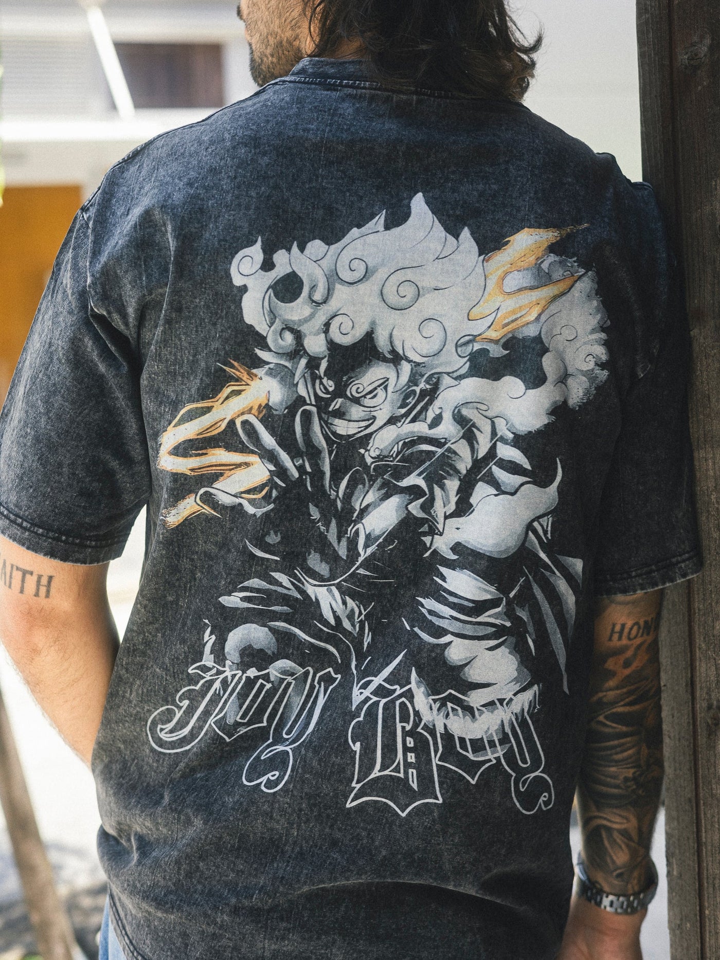 Washed black t-shirt with Monkey D. Luffy One Piece Sun God graphic – photo 3