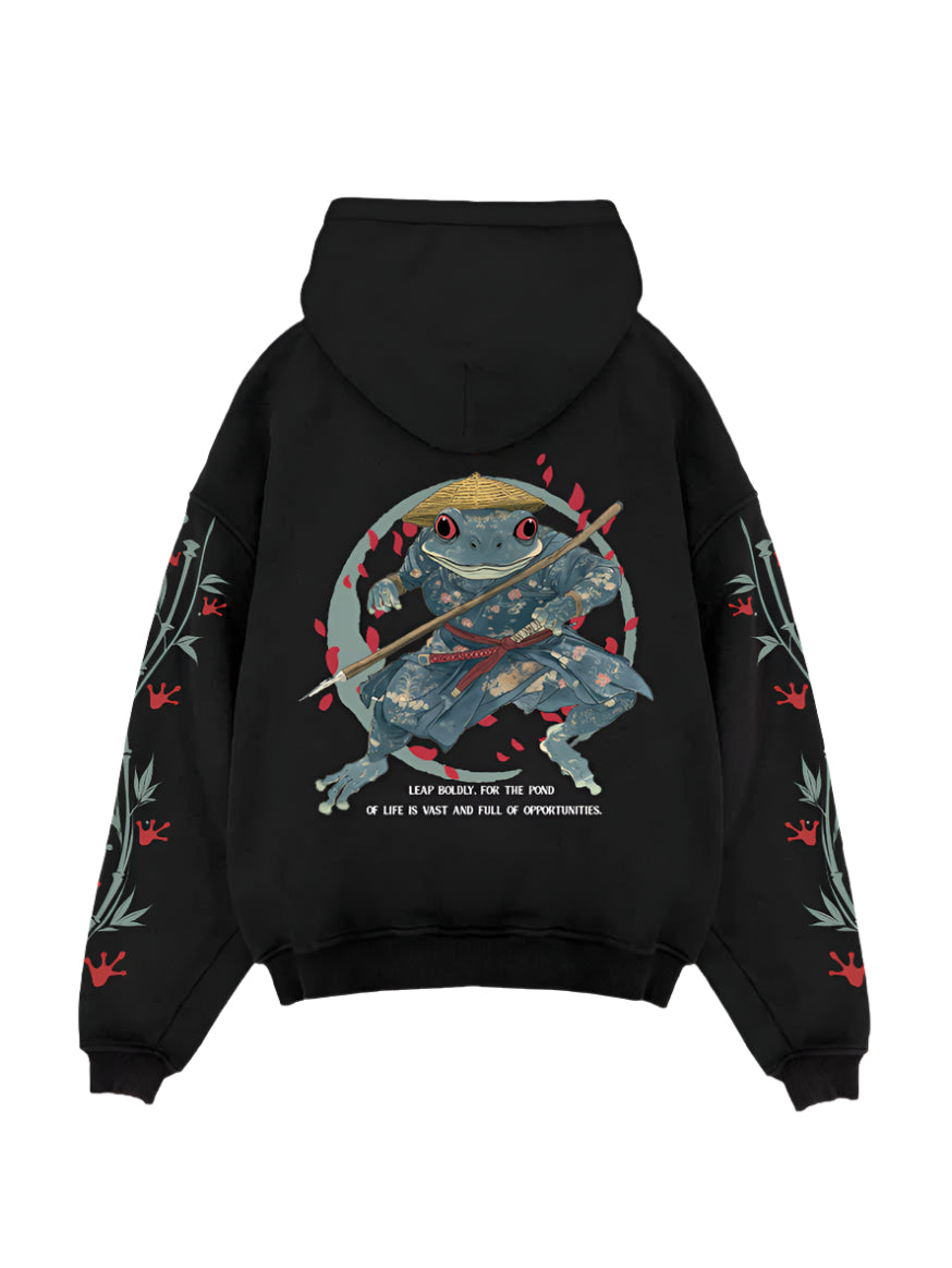 Black hoodie with Samurai Frog Legendary Kaeru graphic – photo 1
