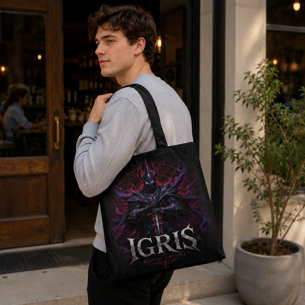 Black tote bag with Igris Solo Leveling Igris Blood Knight graphic – photo 4