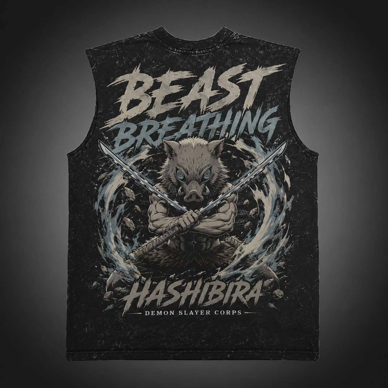 Washed black tank top with Inosuke Hashibira Demon Slayer Beast Breathing graphic – photo 1