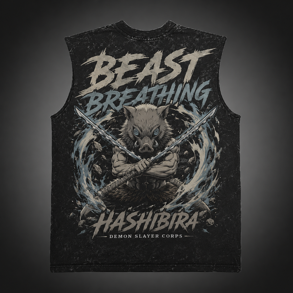 Washed black tank top with Inosuke Hashibira Demon Slayer Beast Breathing graphic – photo 1