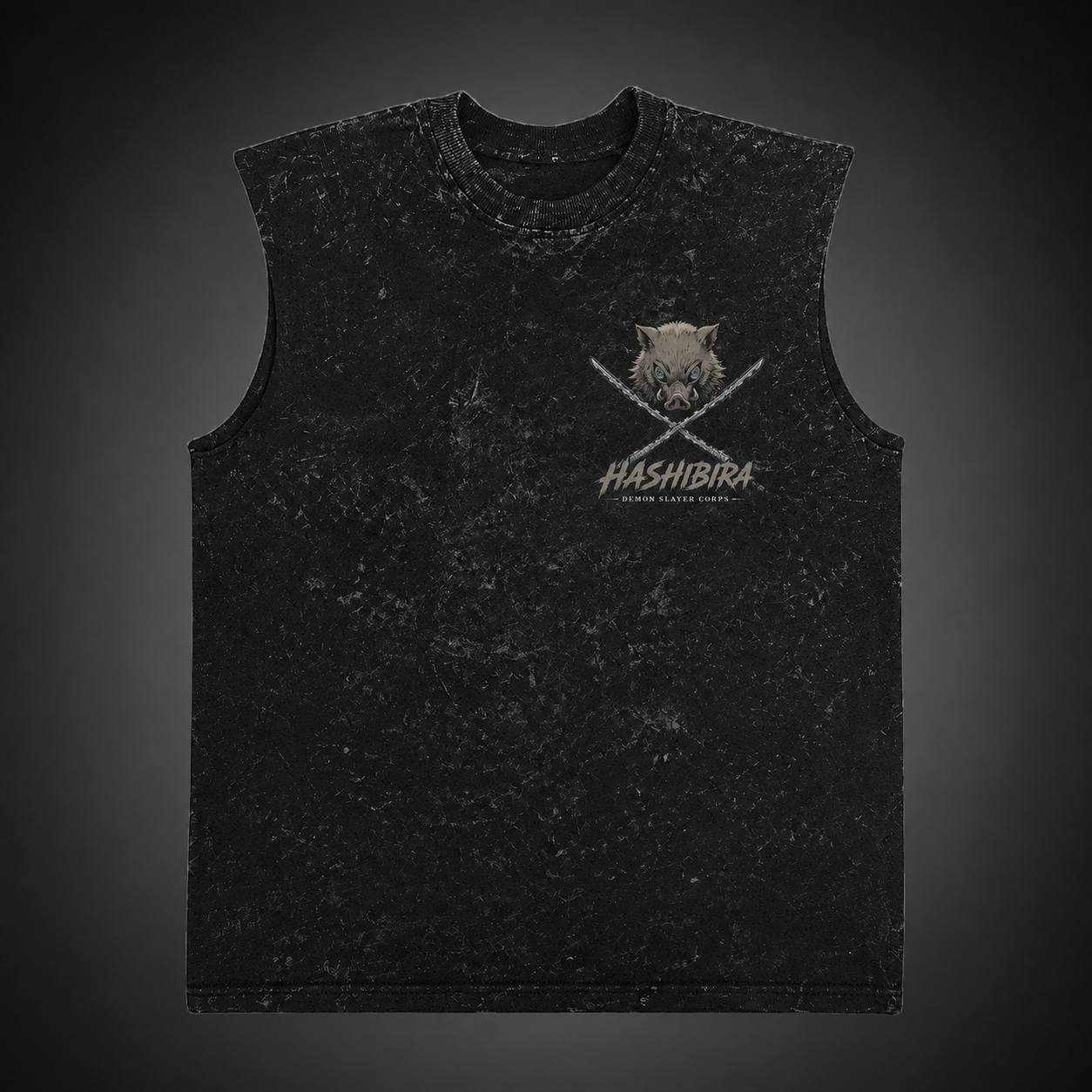 Washed black tank top with Inosuke Hashibira Demon Slayer Beast Breathing graphic – photo 2