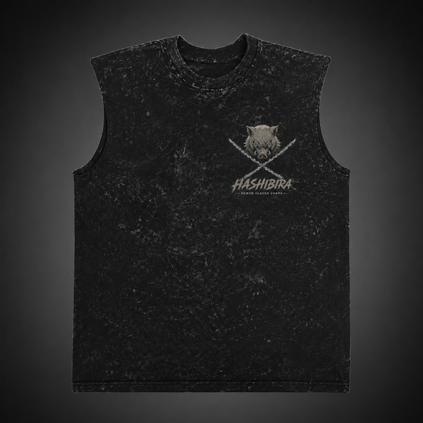 Washed black tank top with Inosuke Hashibira Demon Slayer Beast Breathing graphic – photo 2
