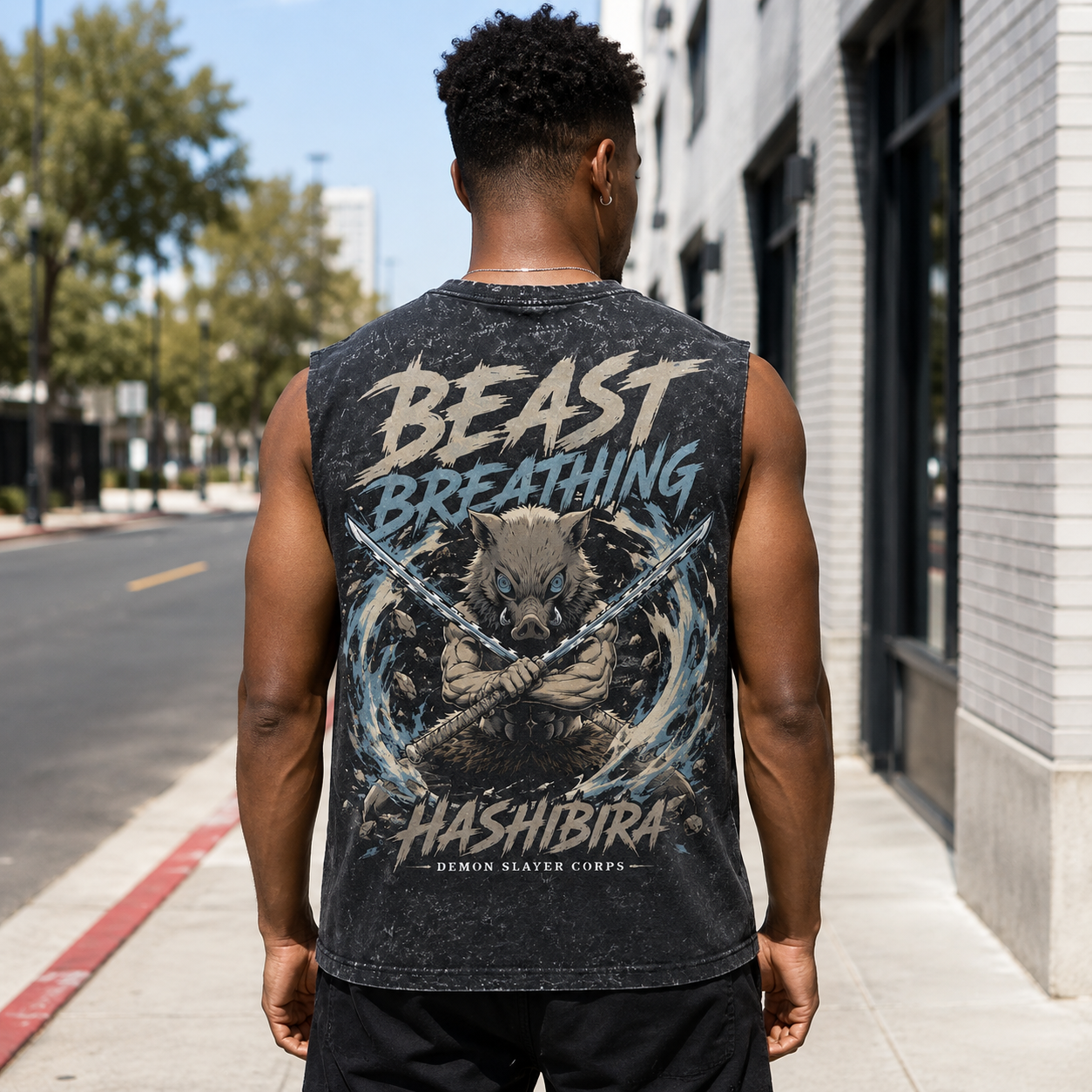 Washed black tank top with Inosuke Hashibira Demon Slayer Beast Breathing graphic – photo 3