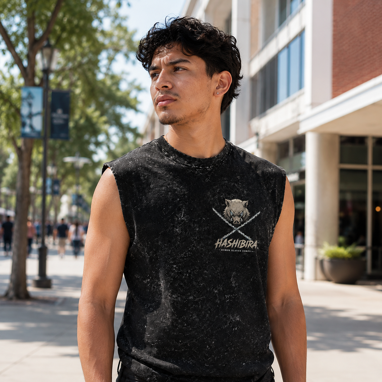 Washed black tank top with Inosuke Hashibira Demon Slayer Beast Breathing graphic – photo 4
