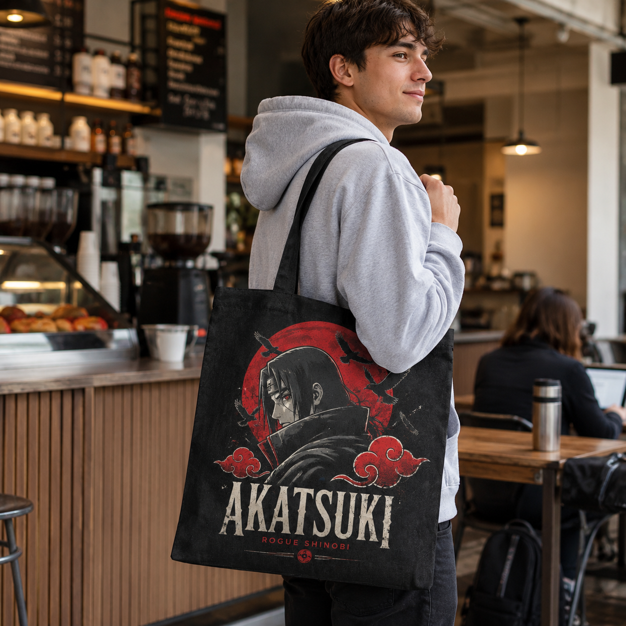 Black tote bag with Itachi Uchiha Naruto Akatsuki Rogue Shinobi graphic – photo 4