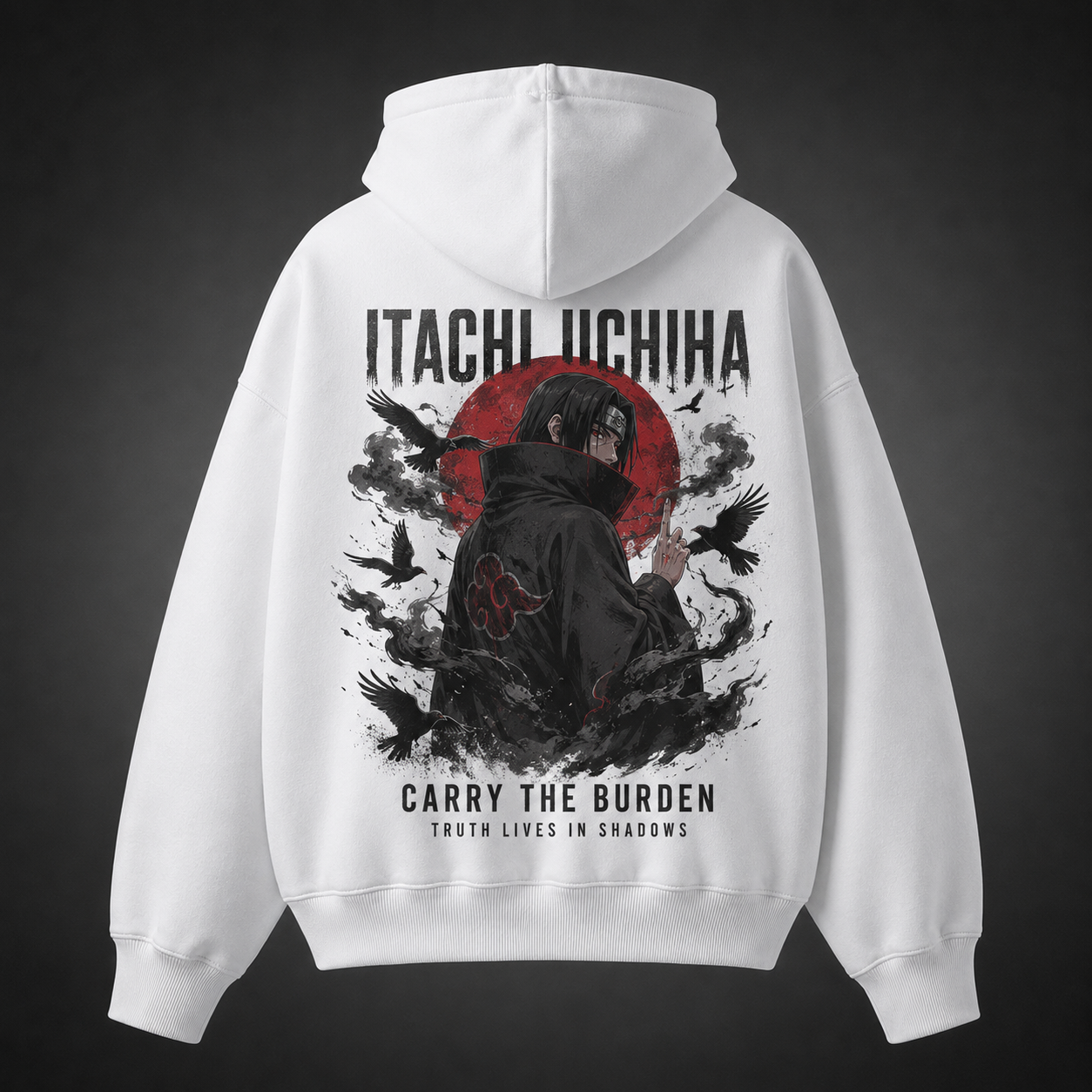 White hoodie with Itachi Uchiha Naruto Carry The Burden graphic – photo 1