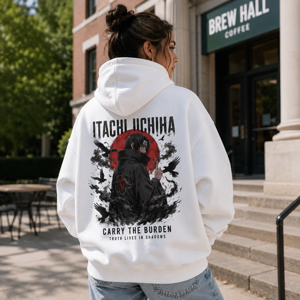 White hoodie with Itachi Uchiha Naruto Carry The Burden graphic – photo 3