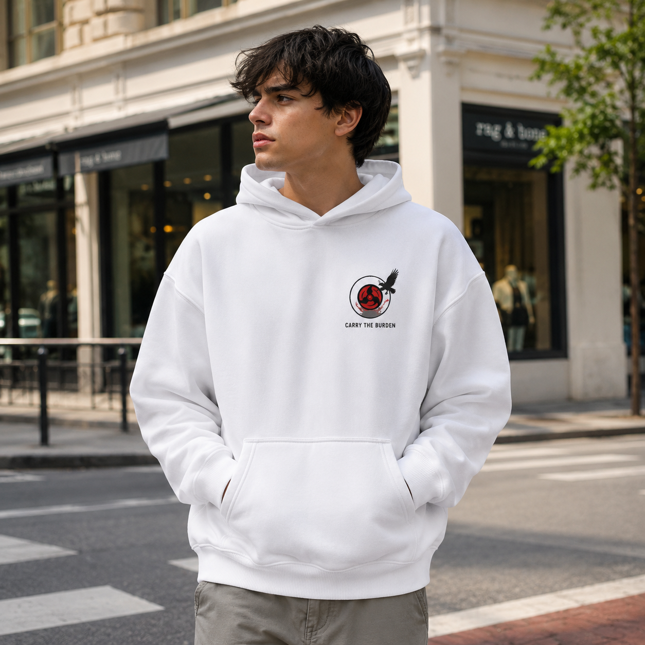 White hoodie with Itachi Uchiha Naruto Carry The Burden graphic – photo 4