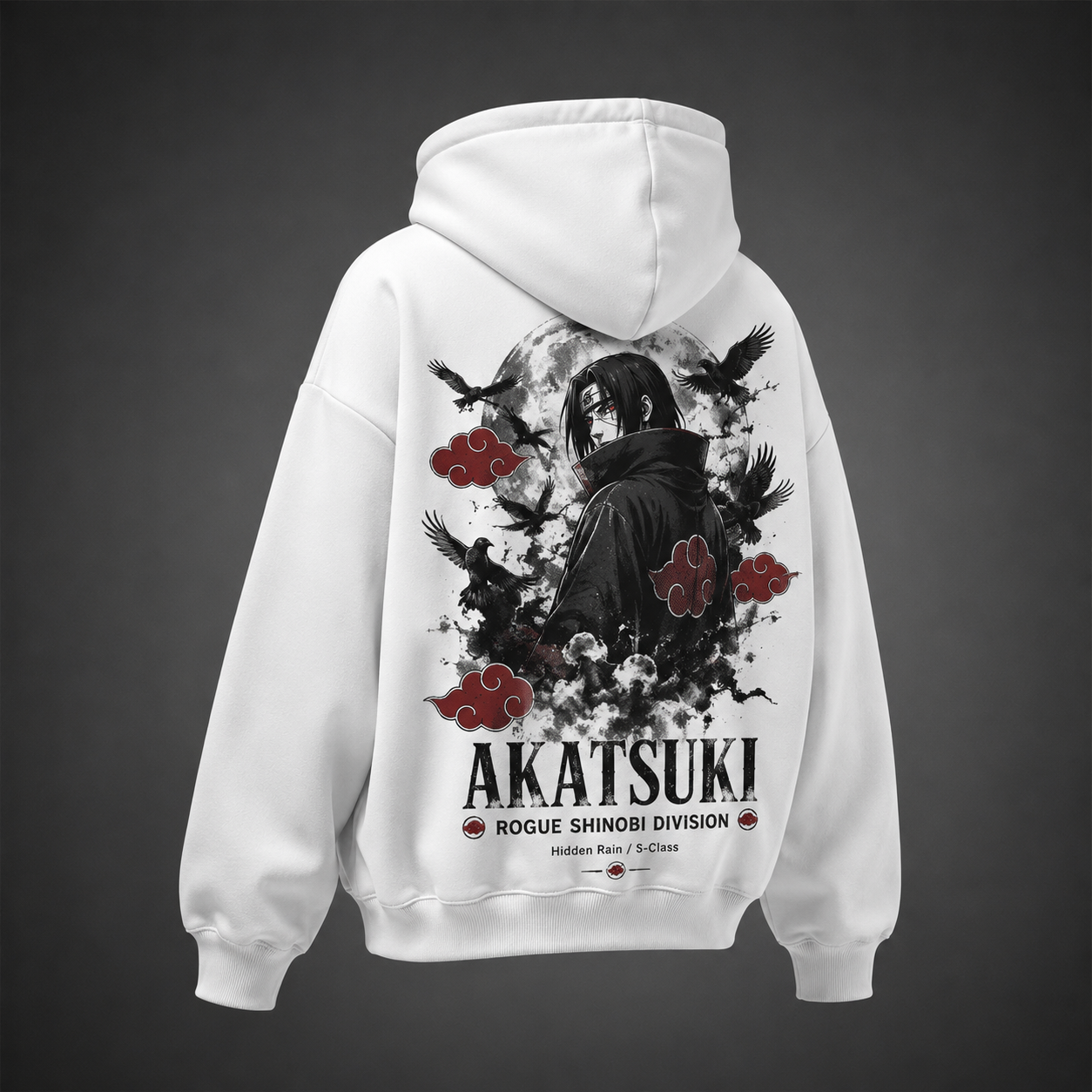 White hoodie with Itachi Uchiha Naruto Rogue Shinobi Division graphic – photo 1