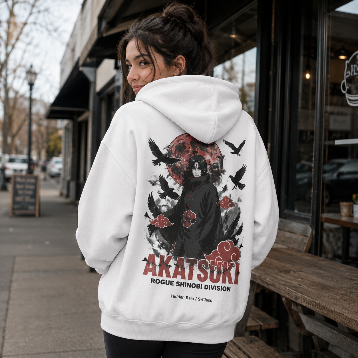 White hoodie with Itachi Uchiha Naruto Rogue Shinobi Division graphic – photo 3