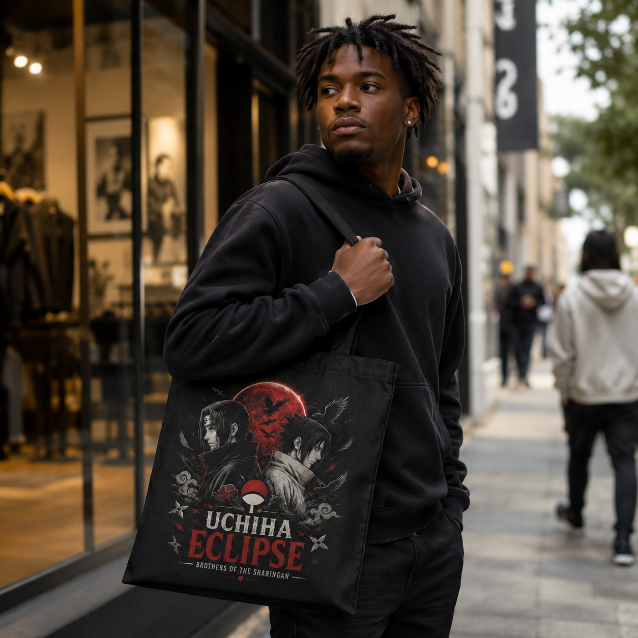 Black tote bag with Itachi Uchiha Naruto Uchiha Eclipse graphic – photo 3