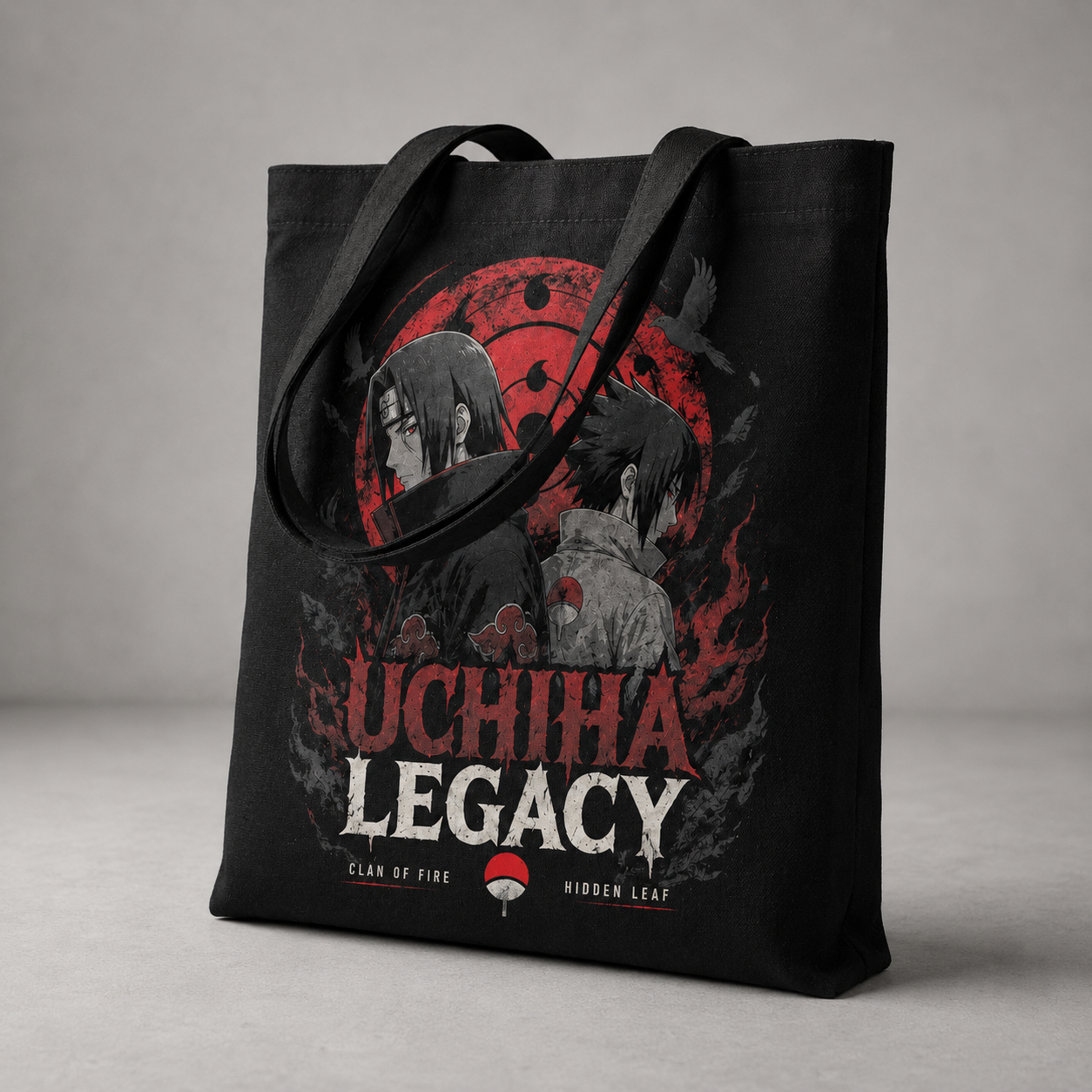 Black tote bag with Itachi Uchiha Naruto Uchiha Legacy Duo graphic – photo 2