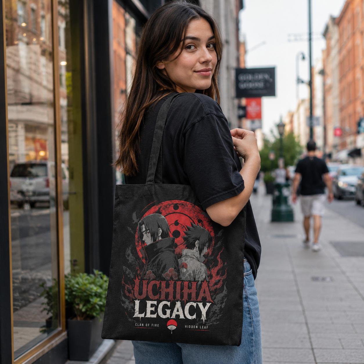 Black tote bag with Itachi Uchiha Naruto Uchiha Legacy Duo graphic – photo 3