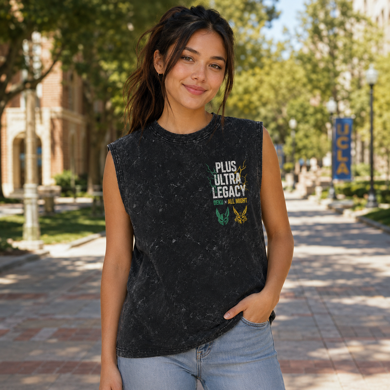 Washed black tank top with Izuku Midoriya, All Might My Hero Academia Plus Ultra Legacy graphic – photo 4